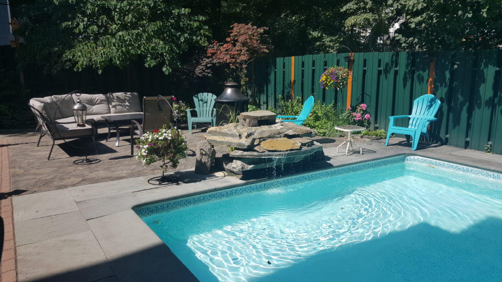 Pool setting with outdoor seating and fire pit