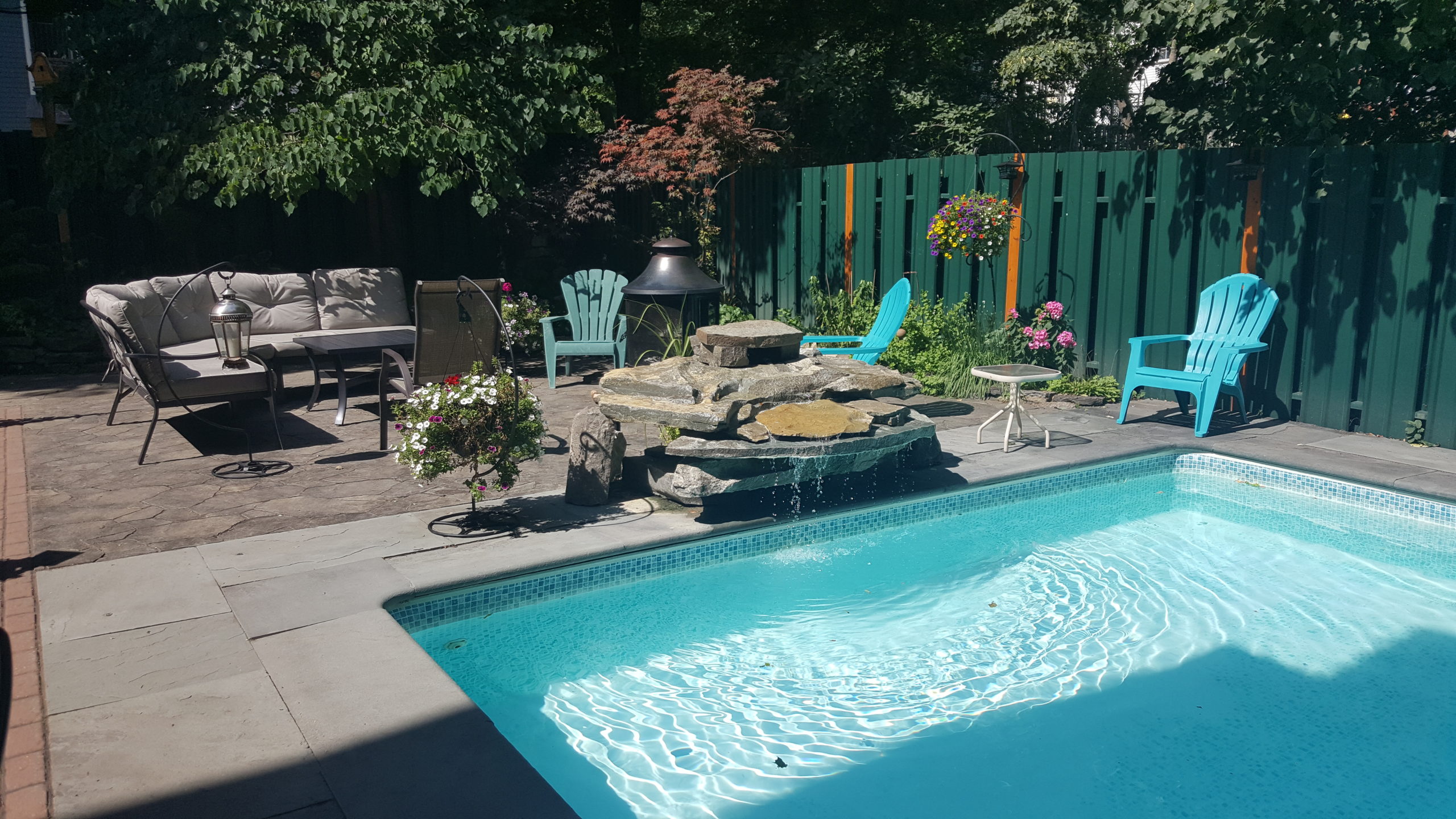 Pool setting with outdoor seating and fire pit